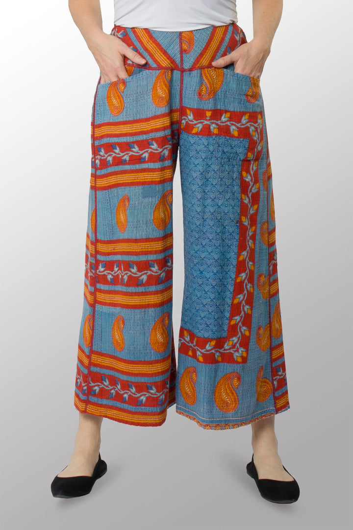 VINTAGE COTTON KANTHA MID RISE WIDE LEG PANTS - cv2665-0002s -