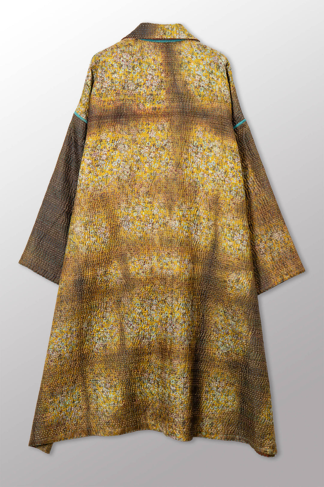 VINTAGE PRINTED SILK CLAMP DYE WITH JACQUARD KANTHA NEW OVERSIZED COAT - sk4342-0001a -