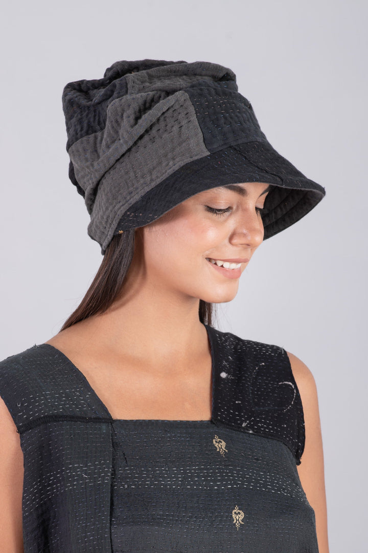 FRAYED PATCH KANTHA HALF BRIM HAT - fi4881-blk -