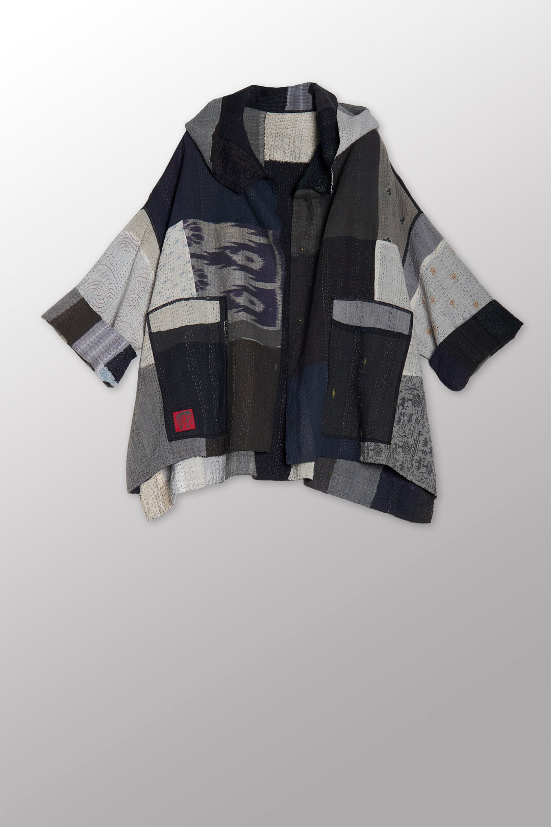 STRIPE AND CHECK COTTON SILK PATCH KANTHA HOODIE PONCHO - ss4064-blk -