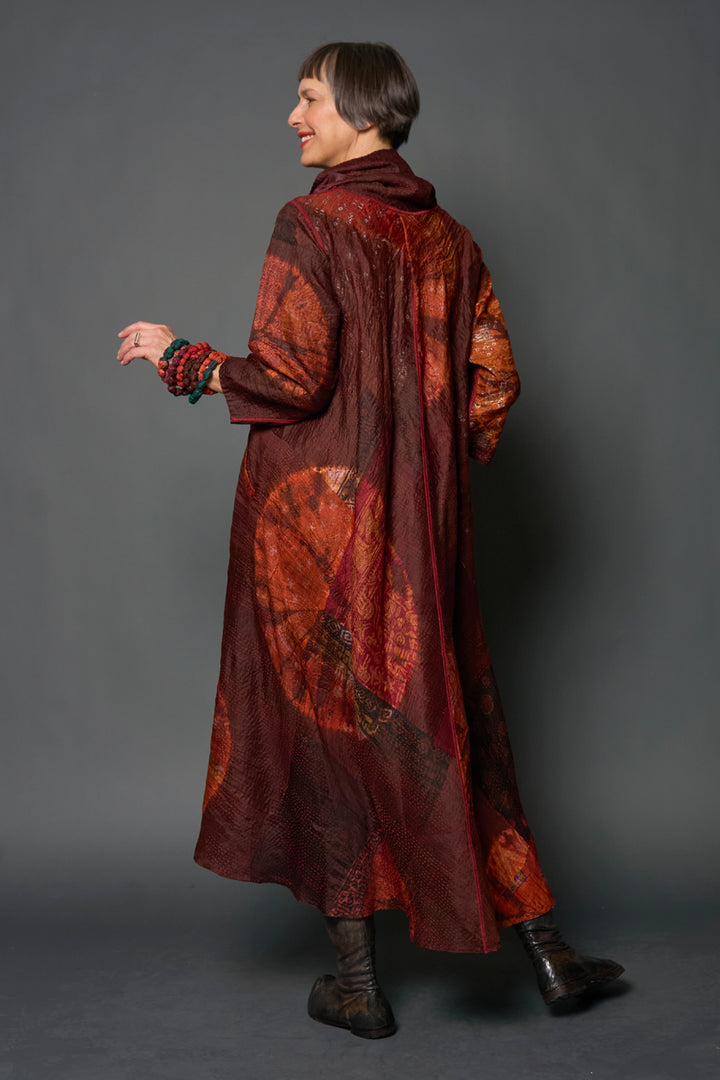 JACQUARD SILK PATCH TIE DYE CIRCLE SHIBORI KANTHA COWL NECK LONG SLEEVE DRESS - wj2450-brn -