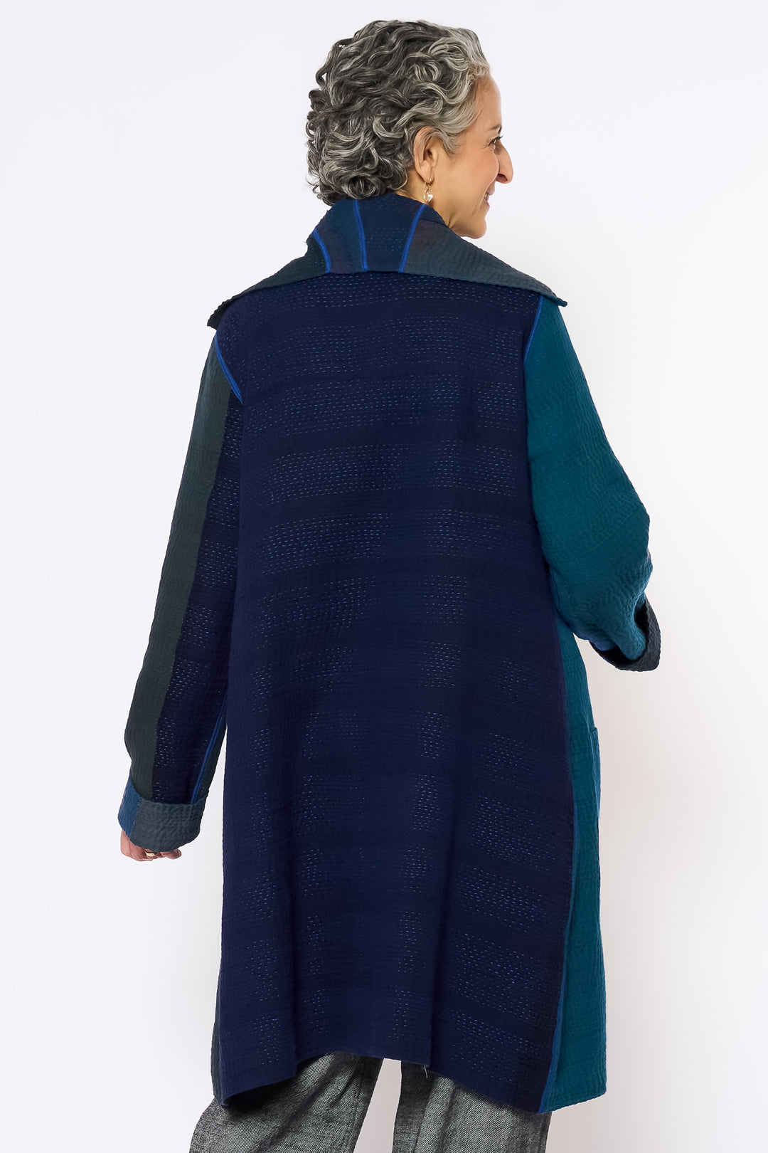 FRAYED PATCH KANTHA POCKET MEDIUM COAT - fi4316-nvy -