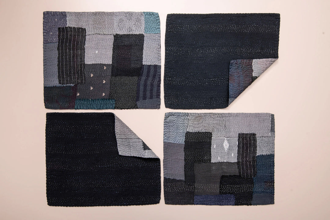 Landscape Fray Patch Vintage Kantha Placemat -Black (Set of 2)