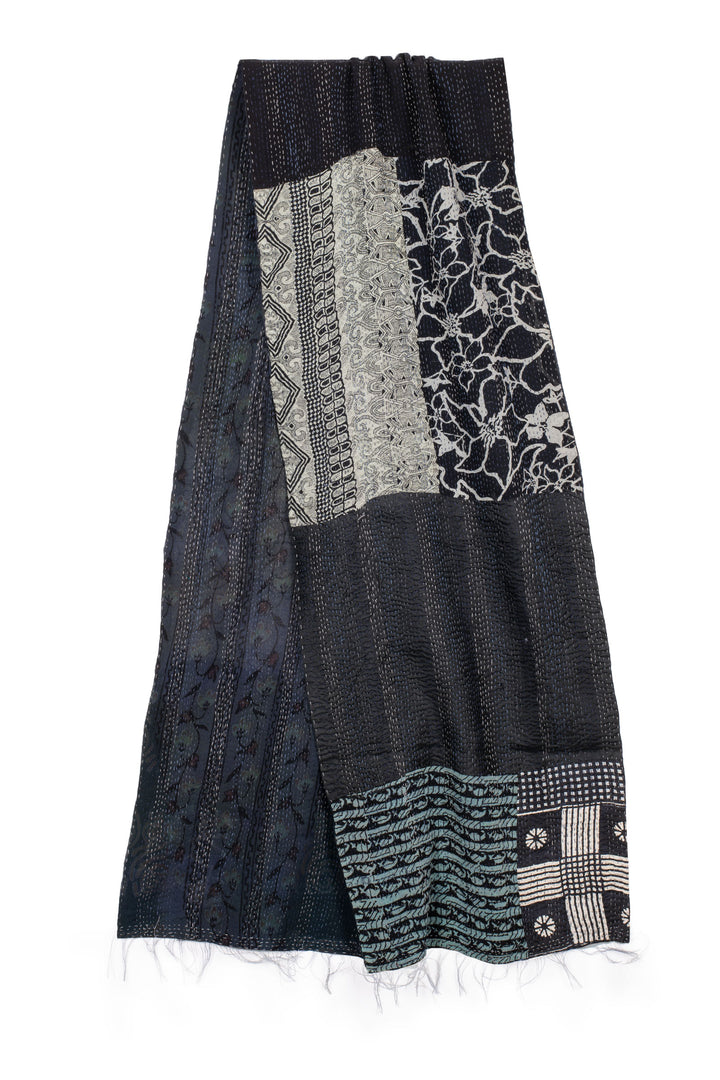 GEORGETTE VINTAGE SILK PATCH KANTHA SCARF SHORT - gs2805-blk -