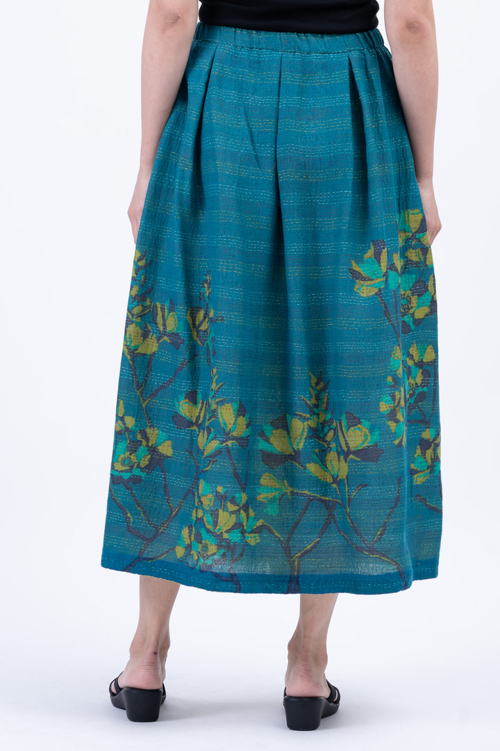 BLOOMING FLOWERS KANTHA TUCKED GATHER SKIRT - bf2663-blu -