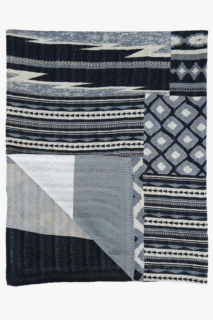 Monotone Ikat Handmade Vintage Kantha Throw -Black
