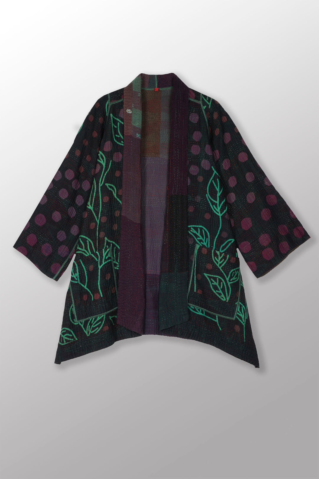 OVERDYED POLKA DOTS & LEAVES KANTHA A-LINE JACKET - dl4003-grn -