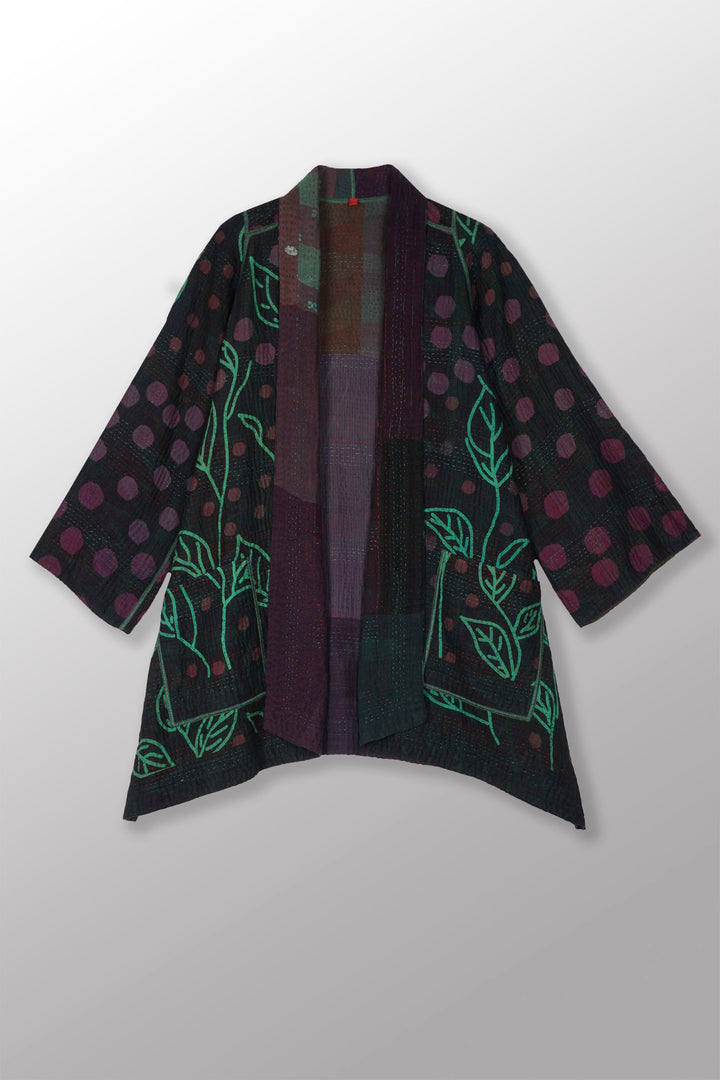 OVERDYED POLKA DOTS & LEAVES KANTHA A-LINE JACKET - dl4003-grn -