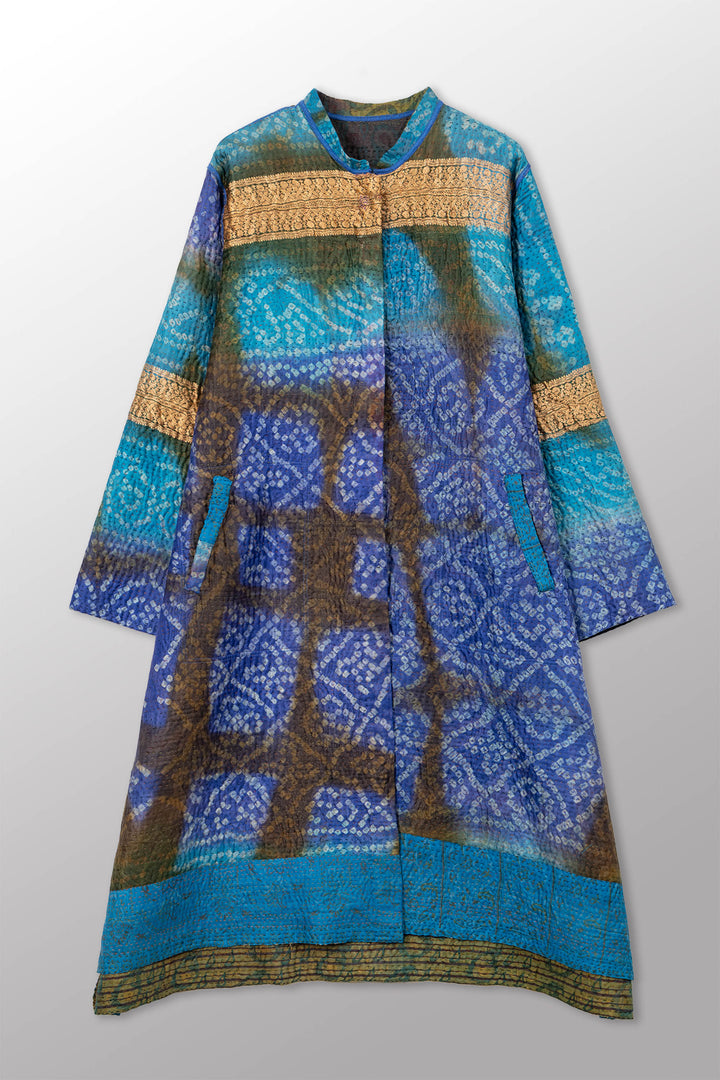 VINTAGE PRINTED SILK CLAMP DYE WITH JACQUARD KANTHA KAFTAN COAT - sk4343-0001m -