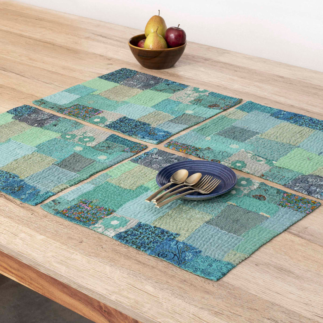 Printed Fray Vintage Cotton Kantha Placemats -Sage (Set of 2)