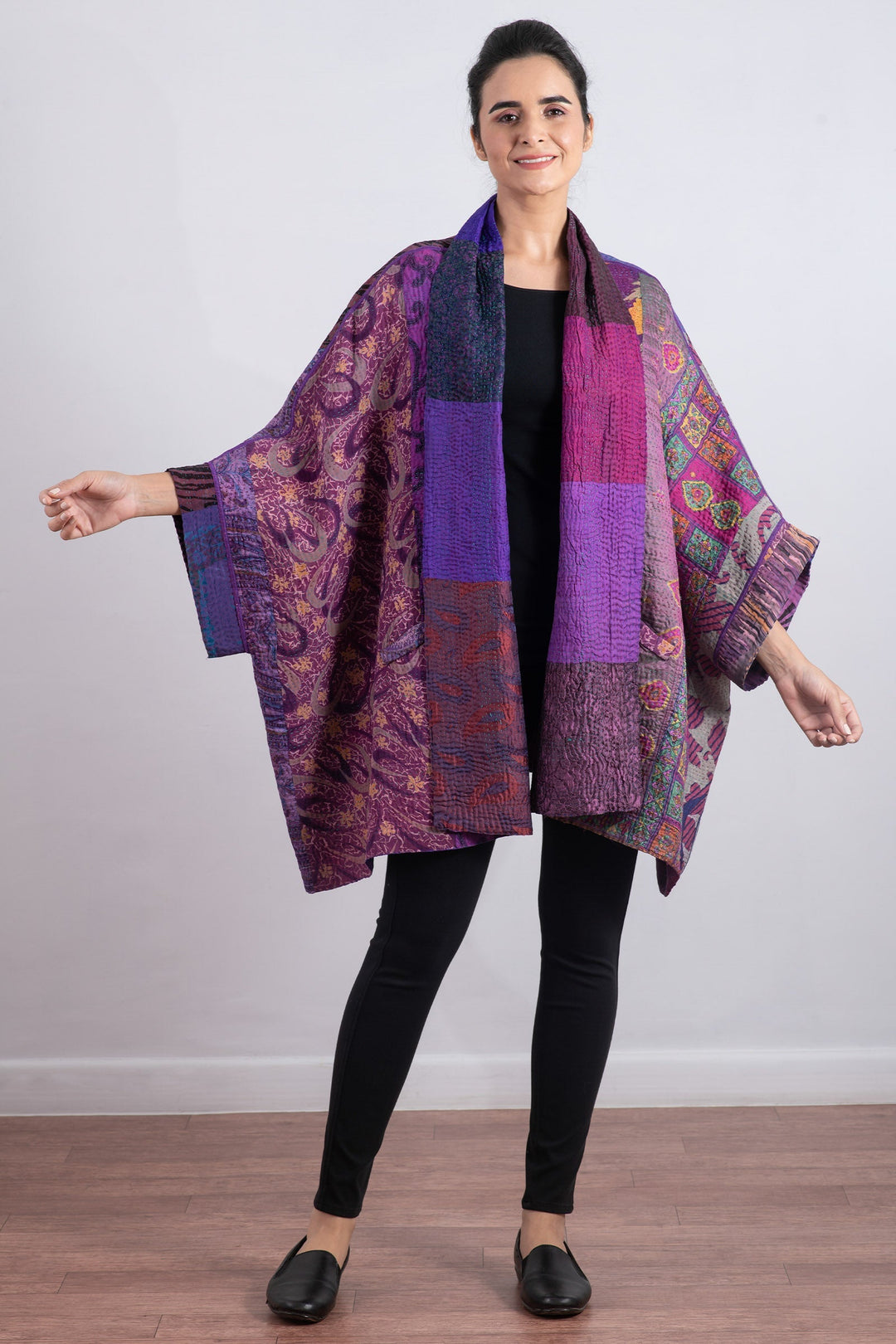 JACQUARD SILK KANTHA DOUBLE COLLAR PONCHO - js4323-prp -