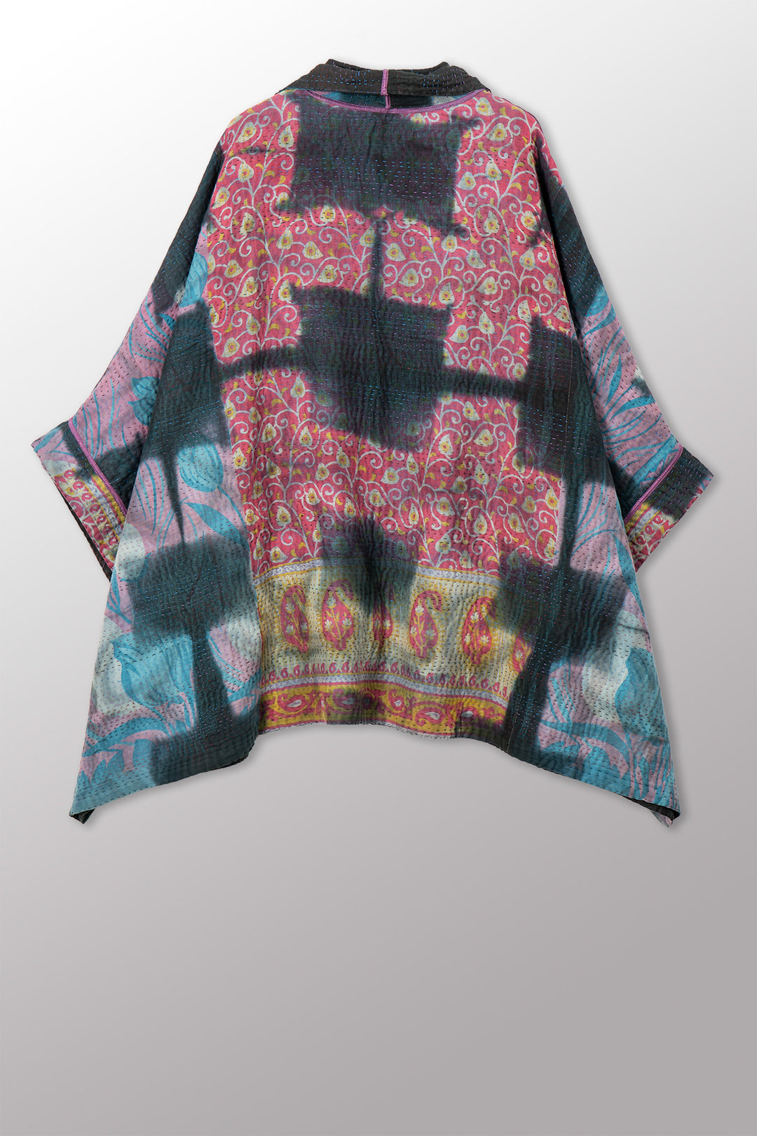 VINTAGE COTTON GREY CLAMP TIE DYE KANTHA DOUBLE COLLAR PONCHO - su4323-0003a -