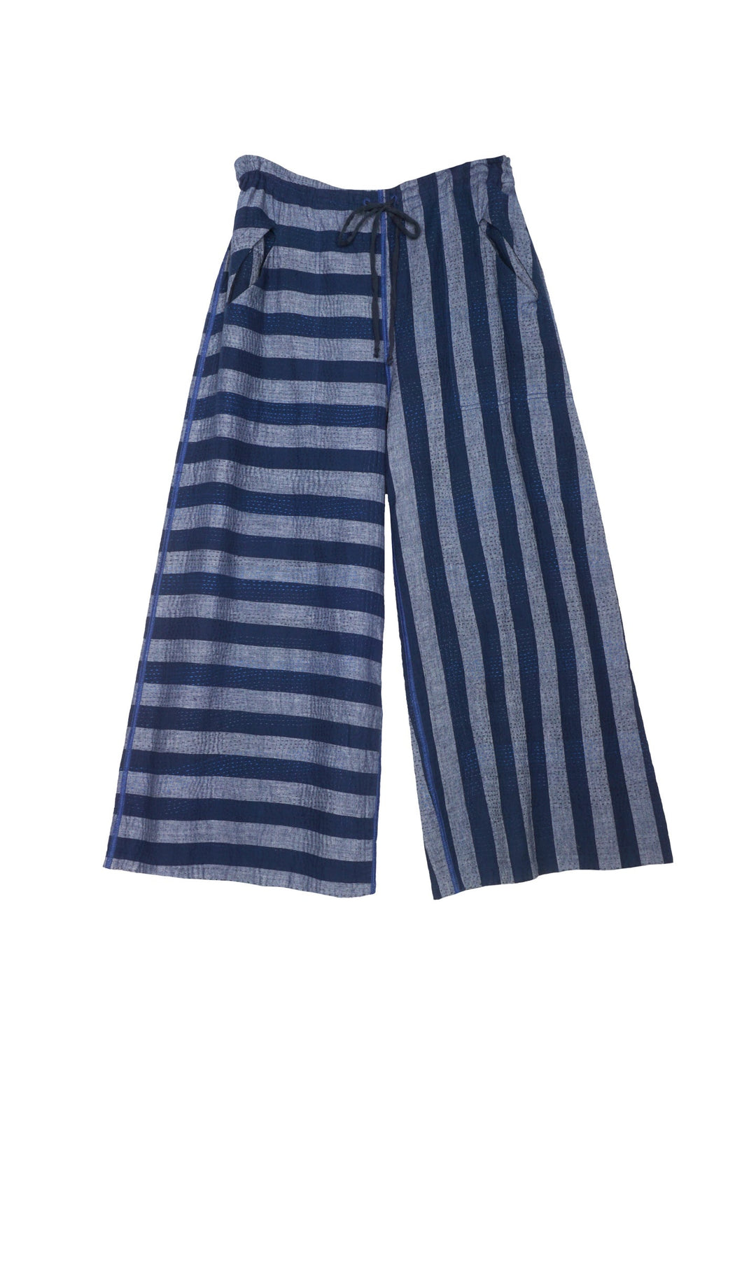 WOVEN STRIPE FRAYED PATCH BACK KANTHA DRAW STRING GAUCHO - wp2627-nvy -