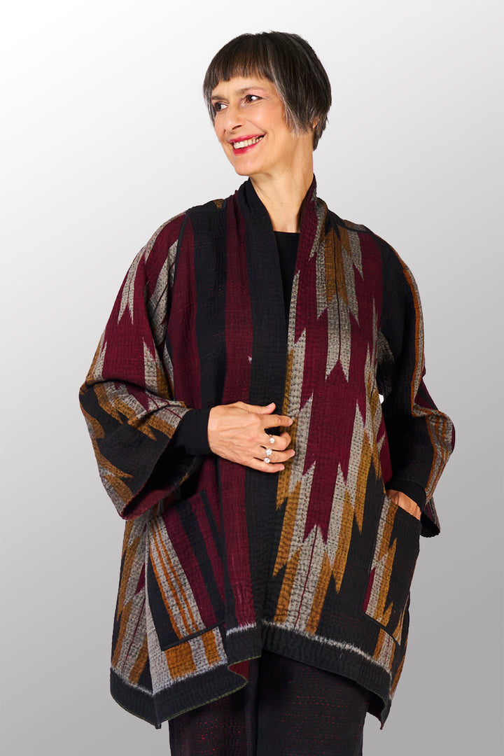 WOVEN HANDLOOM IKAT WITH OMBRE KANTHA A-LINE JACKET - wh4003-red -