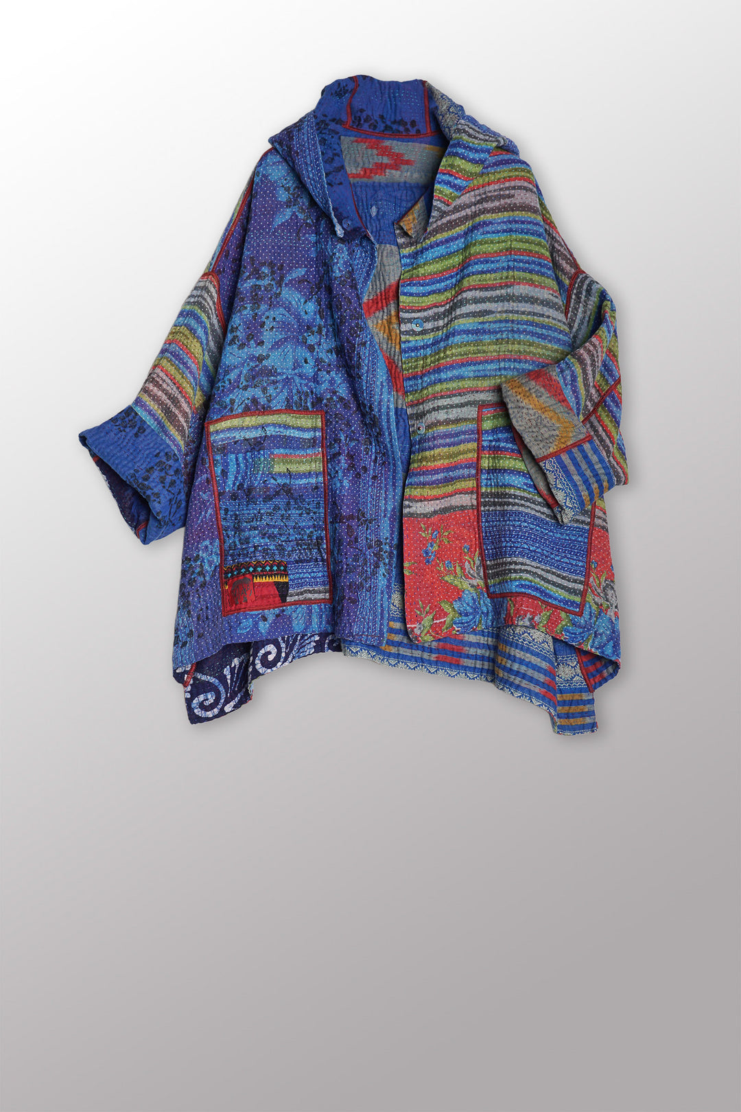 VINTAGE COTTON KANTHA HOODIE PONCHO - cv4064-0035a -