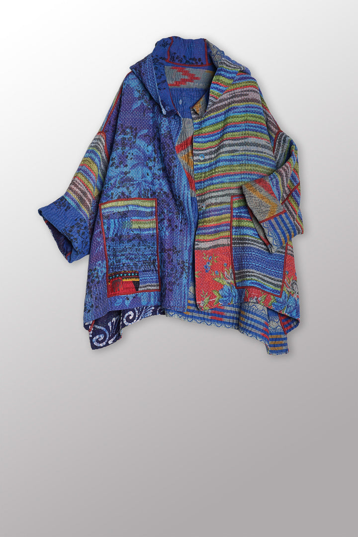 VINTAGE COTTON KANTHA HOODIE PONCHO - cv4064-0035a -