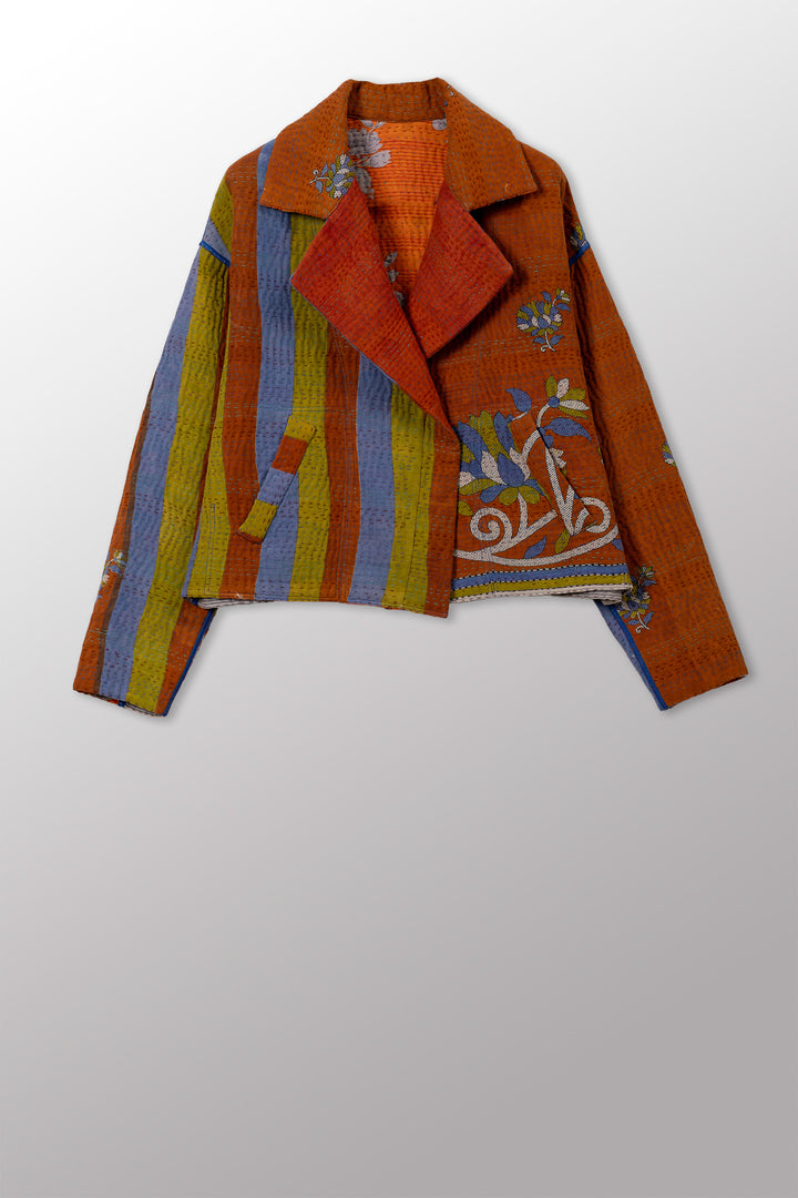 VINTAGE COTTON KANTHA NEW LAPELED SHORT JACKET - cv4j101-0001s -