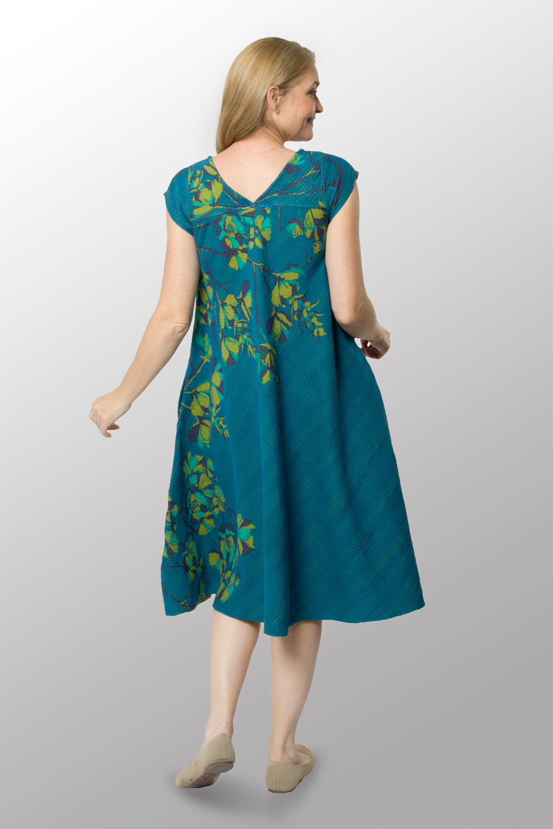 BLOOMING FLOWERS KANTHA CAP SLV. FLARE DRESS - bf4425-blu -