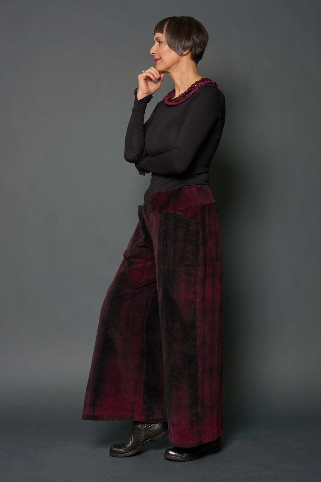 CORDUROY SHIBORI TIE DYE MID RISE WIDE LEG PANTS LONG - co1673-blk -