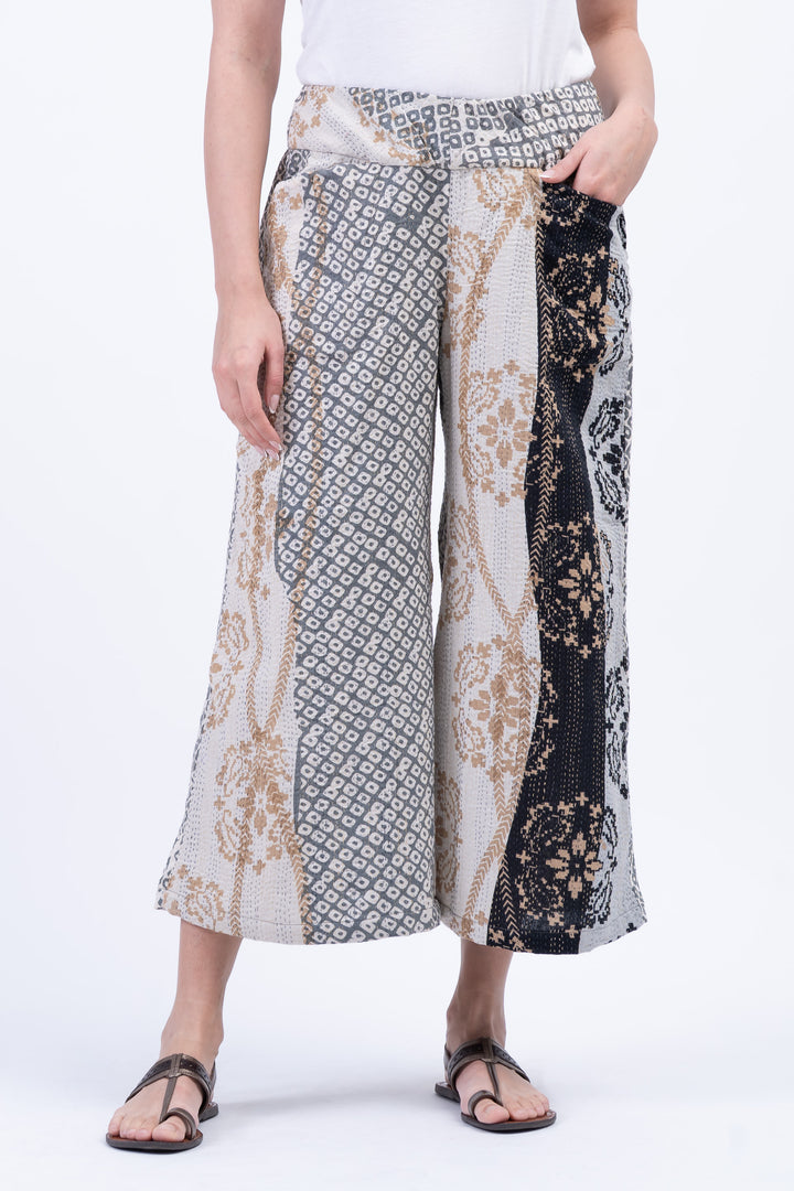 KIMONO COTTON KANTHA MID RISE WIDE LEG PANTS - kc2665-gry -