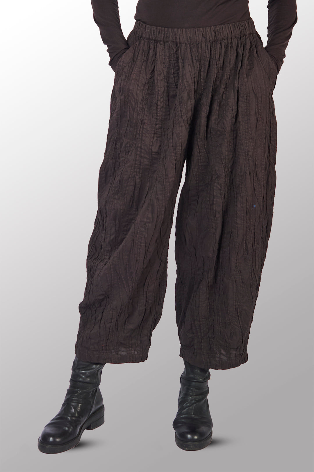 DYED COTTON SILK HEAVY VOILE RANDOM TUCK BARREL PANTS - dr1641-brn -