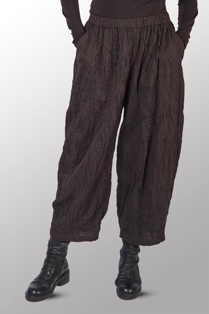 DYED COTTON SILK HEAVY VOILE RANDOM TUCK BARREL PANTS - dr1641-brn -