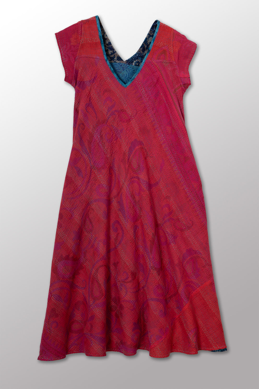VINTAGE SILK GEORGETTE COTTON KANTHA CAP SLV. FLARE DRESS - gc2425-0004s -