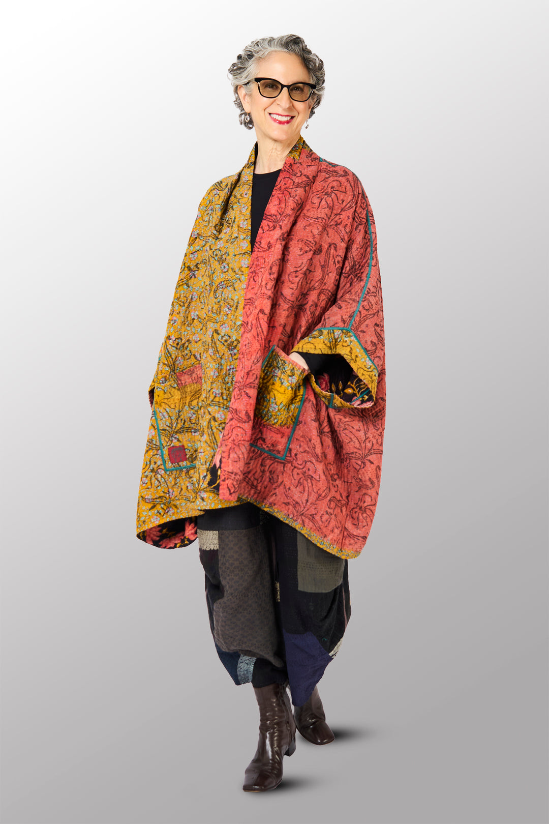 VINTAGE COTTON KANTHA DOUBLE COLLAR PONCHO - cv4323-0053a -