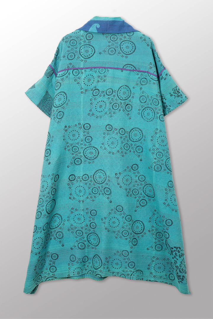 VINTAGE COTTON & NEW VOILE KANTHA WING COLLAR DRESS - cn2454-0004a -