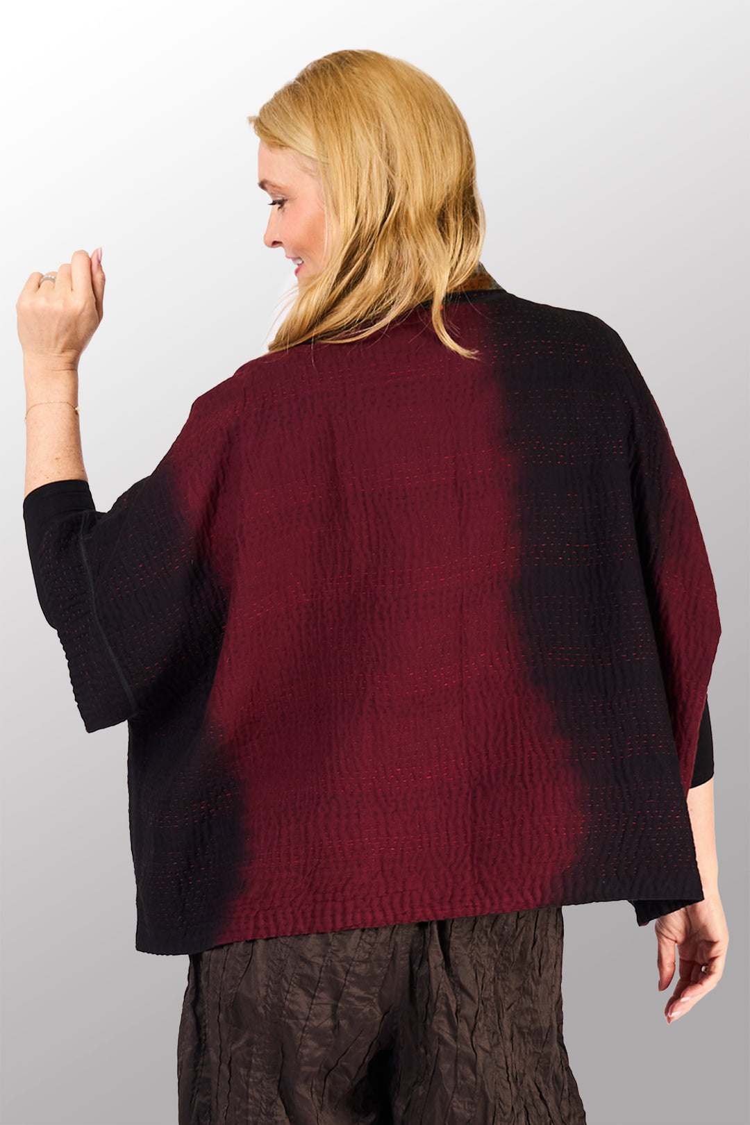 WOVEN HANDLOOM IKAT WITH OMBRE KANTHA MINI PONCHO - wh4060-red -