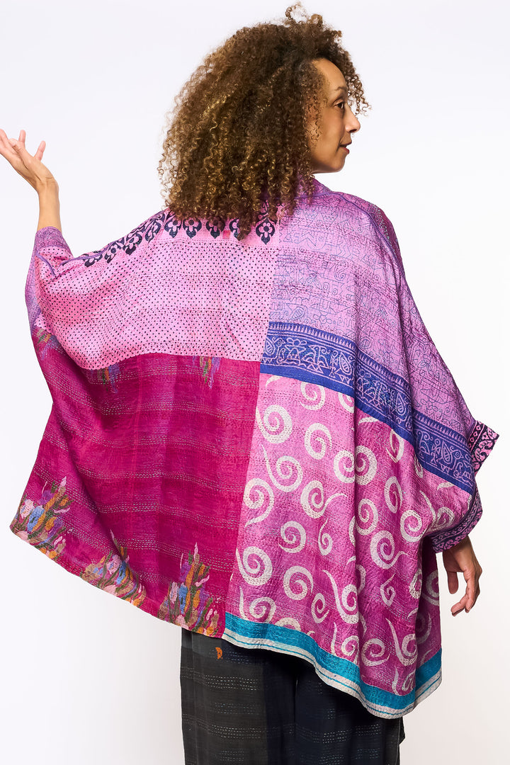 VINTAGE SILK KANTHA DOUBLE COLLAR PONCHO - sv2323-0022a -