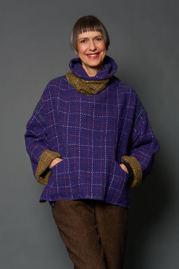 WOOL WAFFLE KANTHA NEW COWL NECK PONCHO - ww3083-prp -