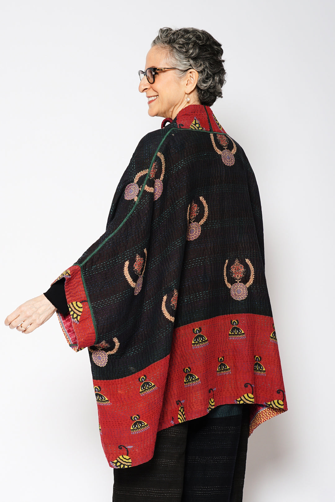 VINTAGE COTTON KANTHA DOUBLE COLLAR PONCHO - cv4323-0065a -