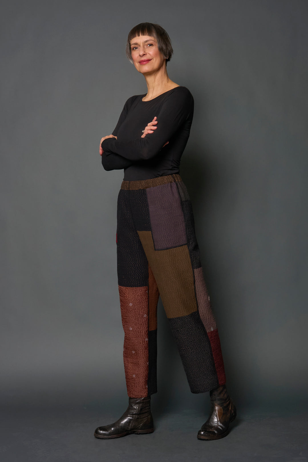 DENIM SUN-DYE KANTHA STRAIGHT PANTS - ds3664-brn -