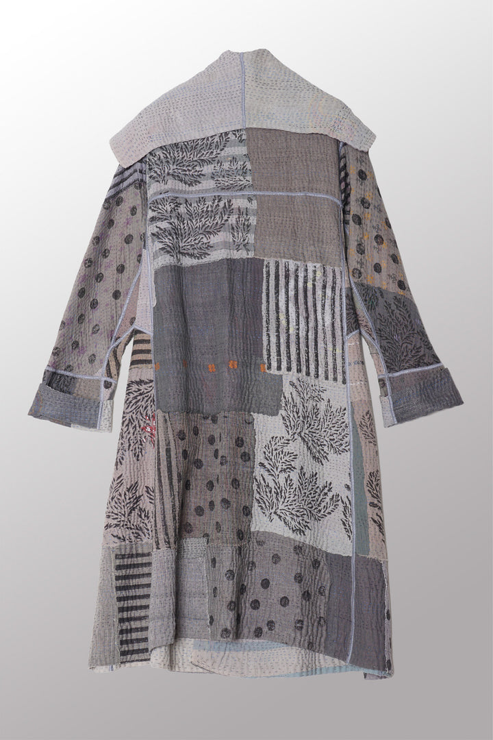 FRAYED PATCH KANTHA A-LINE COAT - fi4309-gry -