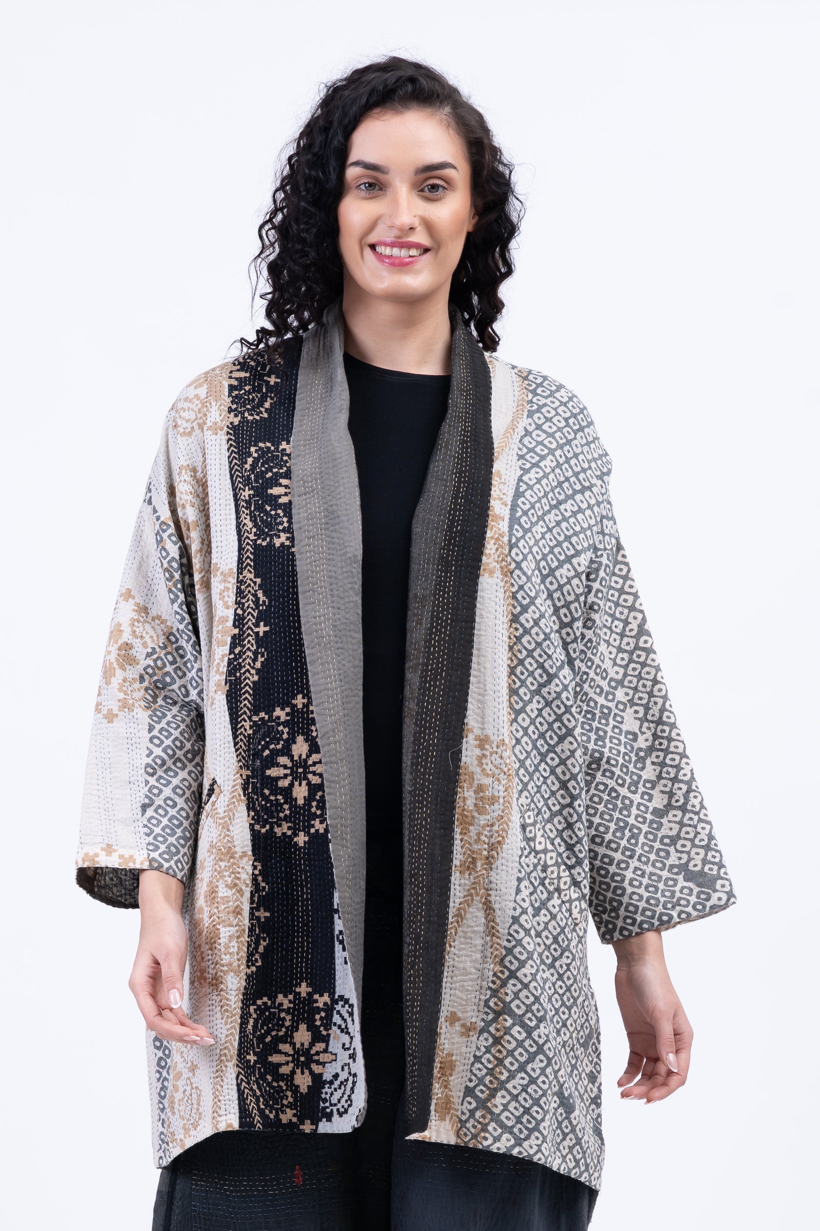 KIMONO COTTON KANTHA HAORI JACKET - kc2068-gry - – Mieko Mintz US
