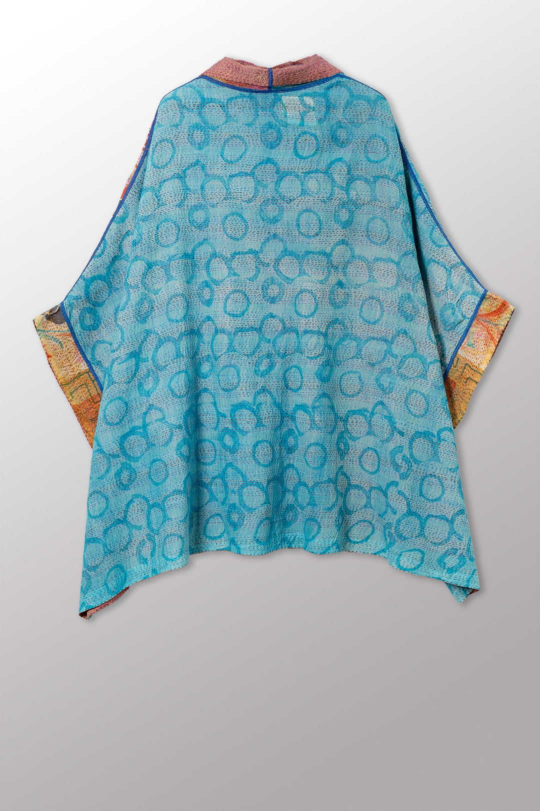 GEORGETTE JACQUARD VINTAGE SILK PATCH KANTHA DOUBLE COLLAR PONCHO - gj2323-0003a -