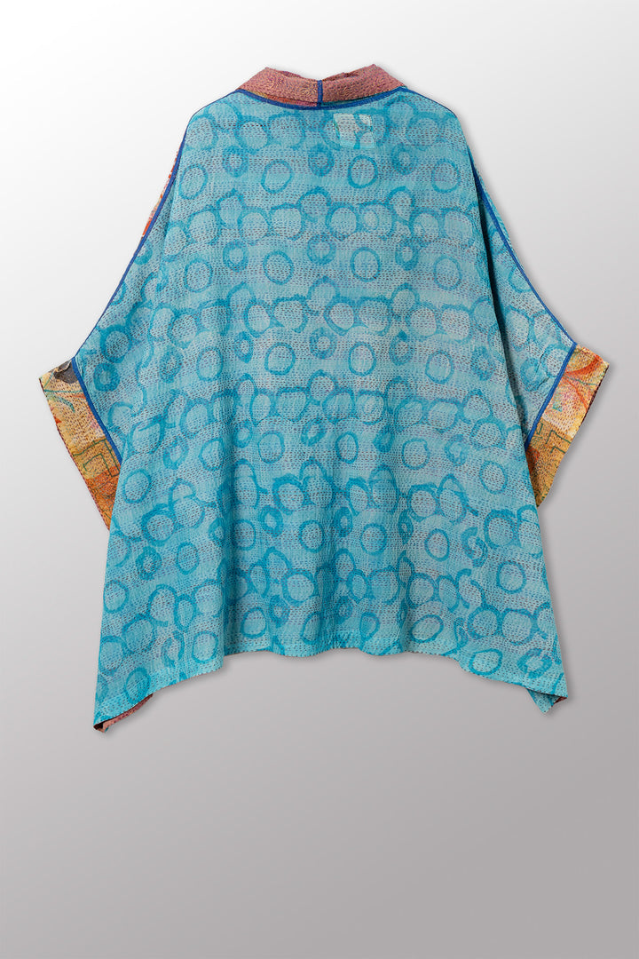 GEORGETTE JACQUARD VINTAGE SILK PATCH KANTHA DOUBLE COLLAR PONCHO - gj2323-0003a -
