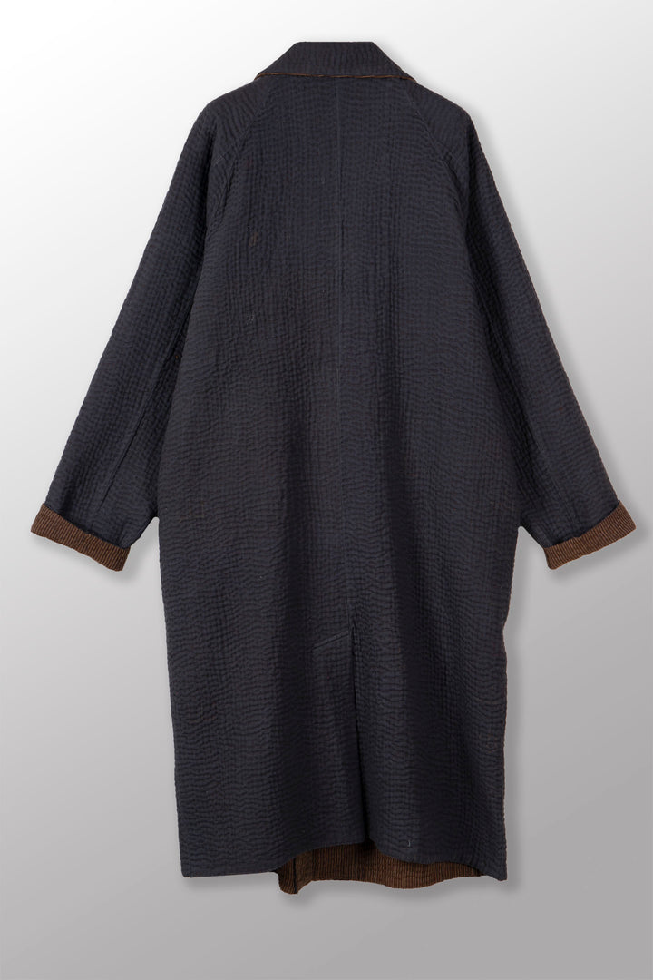 QUILTED VINTAGE COTTON WITH FLANNEL KANTHA RAGLAN SLEEVE COAT - fq5337-blk -