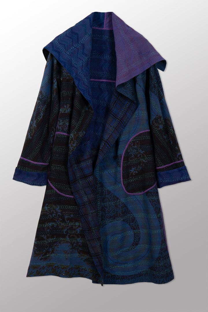 VINTAGE SILK GEORGETTE COTTON KANTHA A-LINE COAT - gc2309-0002a -