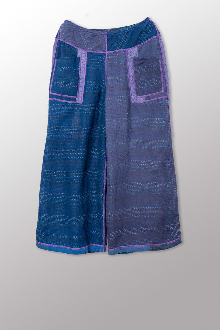 BROCADE PATCHED KANTHA MID RISE WIDE LEG PANTS - bp2665-blu -