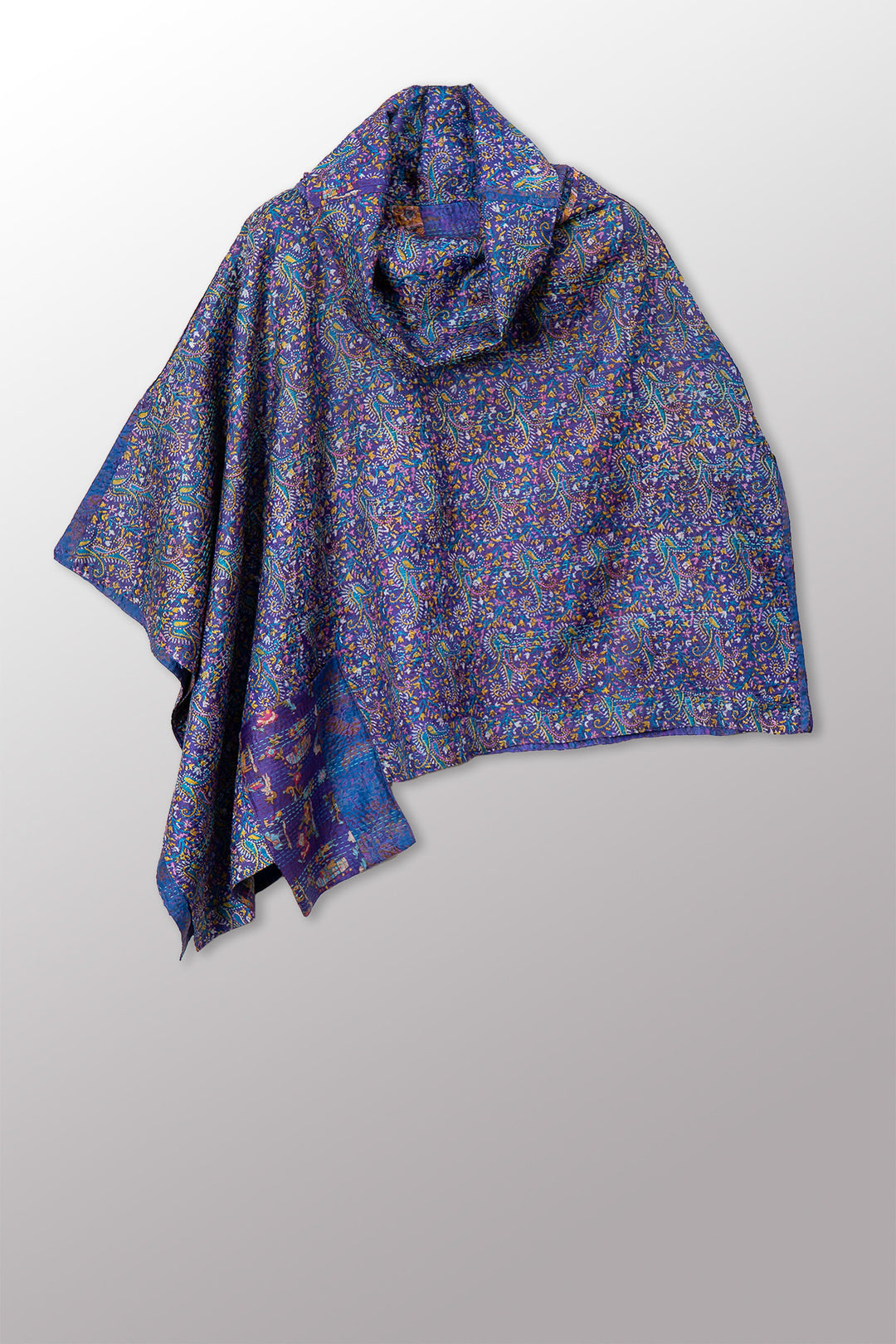 VINTAGE SILK KANTHA COWL NECK LONG CAPE - sv2842-0003a -