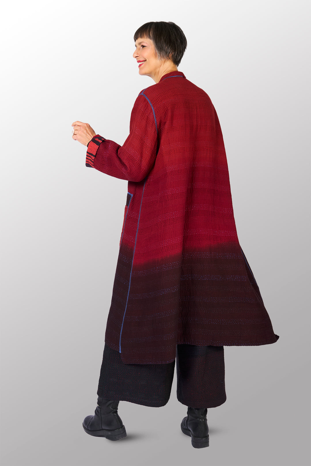 OVERDYED STRIPE AND BENDS KANTHA KAFTAN COAT - ov-sb4343-red -