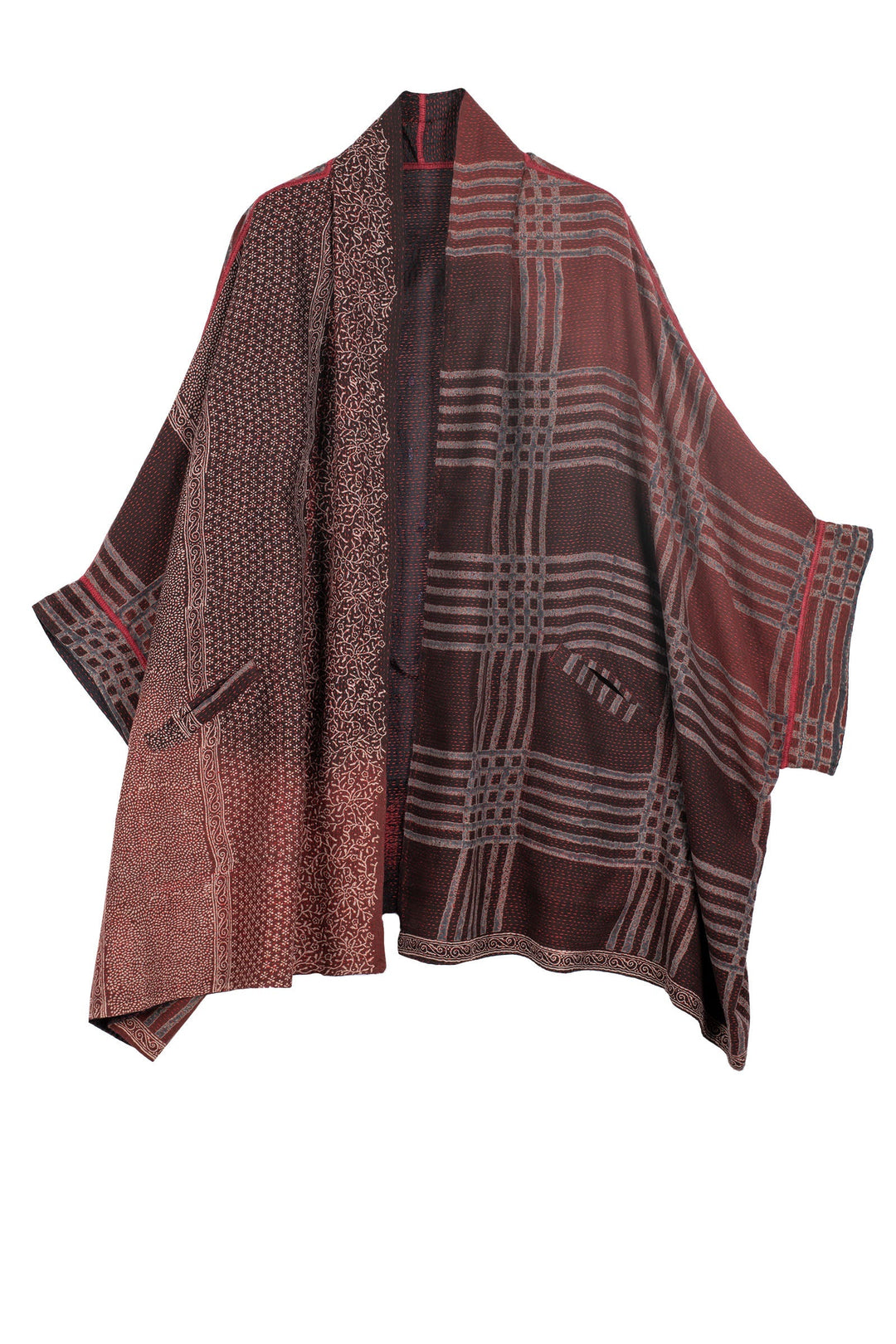 INDONESIAN PRINT & BORDER SHIBORI KANTHA DOUBLE COLLAR PONCHO - ib2323-red -
