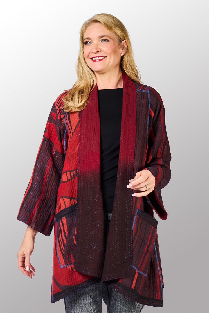 OVERDYED STRIPE AND BENDS KANTHA A-LINE JACKET - ov-sb4003-red -