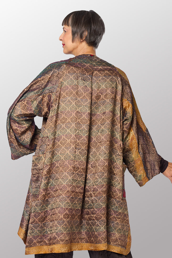 GEORGETTE JACQUARD VINTAGE SILK PATCH KANTHA KIMONO DUSTER - gj2317-0001a -