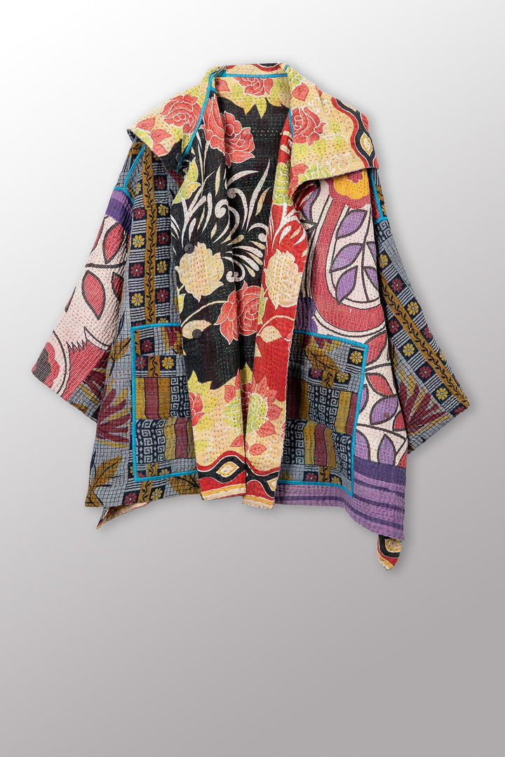 VINTAGE COTTON KANTHA HOODIE PONCHO - cv4064-0039a -