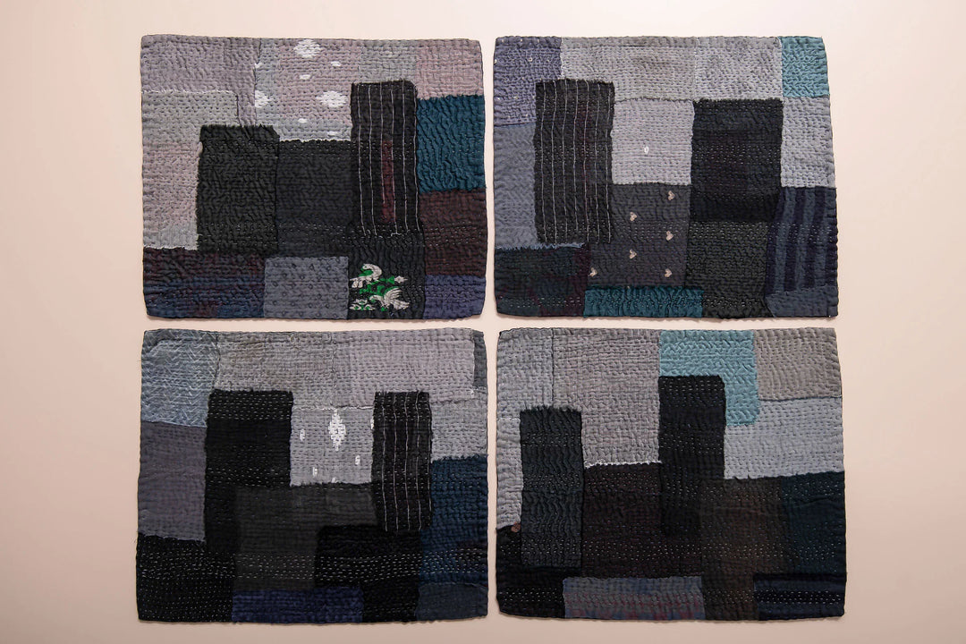 Landscape Fray Patch Vintage Kantha Placemat -Black (Set of 2)