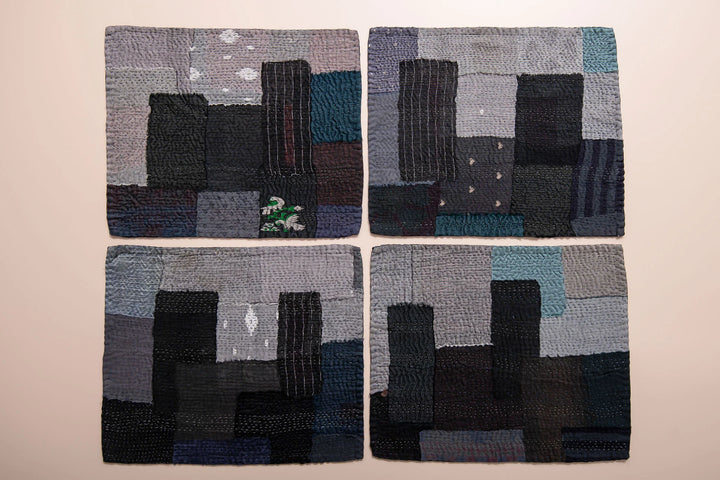 Landscape Fray Patch Vintage Kantha Placemat -Black (Set of 2)