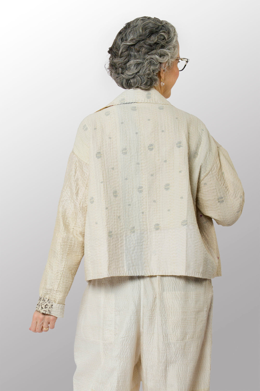 JEWEL WOVEN WITH VERTICAL PATCH KANTHA LAPELED SHORT JACKET - jv4081-ivy -